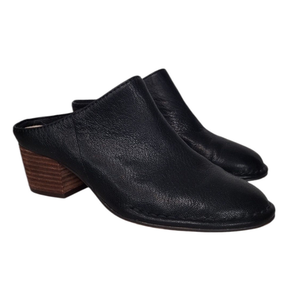 Clarks Spiced Isla Black Leather Round Toe Slip On Stacked Heel Mules Sz 7.5
